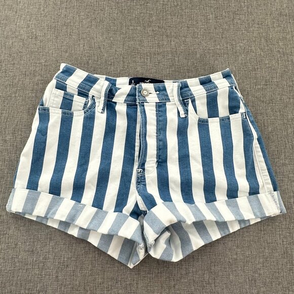 Hollister High Rise Cuffed Shorts Striped Blue White Button Up 5/27 Waist Cotton - Picture 1 of 12